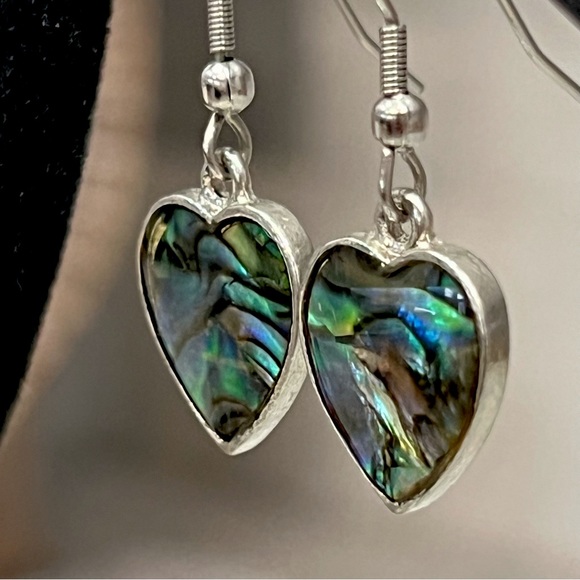 Abalone Shell Silver Heart Dangle Earrings - Picture 9 of 11